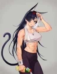 abs animal_ears arknights arm_up athletic bare_shoulders black_hair black_pants blaze_(arknights) blue_eyes blush bottle breasts cat_ears cat_girl cat_tail collarbone cowboy_shot eyes_visible_through_hair female gatorade grey_background hair_over_one_eye hairband heavy_breathing high-waist_pants highres holding holding_bottle jason_kim large_breasts long_hair looking_at_viewer muscular muscular_female pants parted_lips red_hairband scar simple_background solo sports_bra sweat sweatband tail towel towel_around_neck very_long_hair wiping_sweat yoga_pants