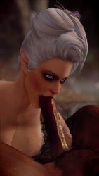 3d 3d_(artwork) ass big_ass big_breasts big_butt blowjob blue_eyes breasts couple dark-skinned_male dark_skin elf elf_ears erection fellatio female interracial large_breasts male muscular_male oral oral_sex penis pointy_ears seirne sex skyrim the_elder_scrolls white_hair