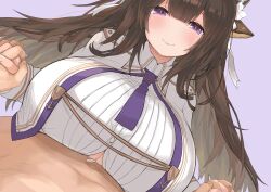 1boy 1girls absurdres animal_ears azur_lane blush breasts brown_hair clothed_female_nude_male commentary_request cow_ears cum cum_on_body cum_on_breasts dutch_angle female flower grey_background hair_flower hair_ornament highres holding_hands huge_breasts interlocked_fingers kashino_(azur_lane) light-skinned_female light-skinned_male light_skin long_hair looking_at_viewer mikasayaki necktie nude paizuri paizuri_under_clothes purple_eyes simple_background solo_focus straight