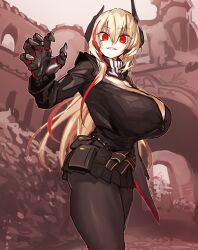 1girls alternate_breast_size arm_up bangs black_legwear black_shirt black_skirt blonde_hair breasts claw_pose cleavage female girls'_frontline hair_between_eyes headgear highres huge_breasts light-skinned_female light_skin m4_sopmod_ii_(girls'_frontline) mechanical_arms melon22 multicolored_hair outdoors pantyhose pleated_skirt pouch red_eyes red_hair scarf sharp_teeth shirt sideboob skirt standing streaked_hair teeth two-tone_hair