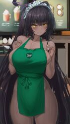 1girls absurd_res ahoge apron apron_only b-pang barista black_hair blue_archive blush breasts brown_skin cleaning_&_clearing_(blue_archive) cleavage dark-skinned_female dark_skin embarrassed female female_focus female_only green_apron hi_res hips holding_object huge_breasts iced_latte_with_breast_milk indoors karin_(blue_archive) long_hair looking_at_viewer maid_headdress meme millennium_science_school_logo_(blue_archive) millennium_science_school_student naked_apron thick_thighs thighs wide_hips yellow_eyes