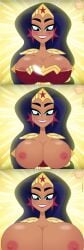 1girls areola_slip big_breasts blush breast_expansion breasts dark-skinned_female dc_comics dc_super_hero_girls diana_prince edit erect_nipples female female_only huge_breasts screenshot_edit solo tiddlesndinks wonder_woman wonder_woman_(series)