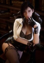 2160p 3840x2160 3d 4k black_hair bra breasts chair clothed_female final_fantasy final_fantasy_vii final_fantasy_vii_remake fully_clothed gloves juicyneko large_breasts leggings light-skinned_female long_hair red_eyes sitting square_enix tifa_lockhart wallpaper