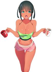 black_hair blue_eyes breasts coffee coffee_mug covered_nipples cup dark-skinned_female dark_skin eyebrows_visible_through_hair female highres large_breasts looking_at_viewer manabebebe midriff mug narrow_waist navel open_mouth original pink_shorts print_mug short_shorts short_twintails shorts simple_background solo symbol-shaped_pupils tank_top twintails white_background