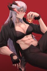 abs alcohol arknights black_bra black_gloves black_pants black_shirt blush bra bracer breasts cigarette cleavage collarbone collared_shirt cup dress_shirt drink drinking_glass female fingerless_gloves gloves gradient gradient_background highres holding holding_cigarette holding_drink kimmy_tsunami knee_up large_breasts long_hair looking_at_viewer midriff muscular muscular_female open_clothes open_shirt orange_eyes pants parted_lips red_background saria_(arknights) shirt silver_hair sitting sleeves_rolled_up smoking solo underwear