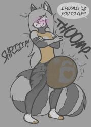 anthro ass big_bulge big_butt bottomwear bulge clothing girly hair huge_bulge huge_butt long_hair male mammal norithics norithics_"nori"_kusemurai null_bulge orgasm_denial pants procyonid raccoon solo spontaneous_orgasm torn_clothing yoga_pants