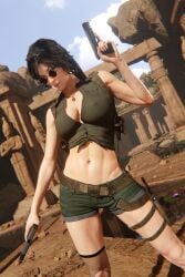 1girls 3d abs absurd_res boots braid braided_hair breasts brown_eyes brown_footwear brown_hair cleavage female female_focus female_only firearm glasses grin gun handgun harness headset highres lara_croft lara_croft_(survivor) long_hair looking_at_viewer looking_over_eyewear looking_over_glasses looking_over_sunglasses navel navel_piercing outdoors piercing pistol ponytail pose red-tinted_eyewear short_shorts shorts smile solo standing strauzek sunglasses tagme thighs tied_hair tinted_eyewear tomb_raider weapon
