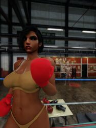 1boy 1girls 3d athletic big_breasts blizzard_entertainment boxing_gloves boxing_ring dark-skinned_female dark_skin egyptian egyptian_female fareeha_amari female female_focus fit_female gloves gym human male male_in_background overwatch pharah red_boxing_gloves red_gloves sneer sports_bra sweaty tanuking3d tattoo thong workout_clothes