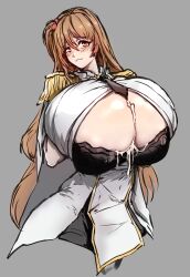 1girls after_sex breasts_bigger_than_head bursting_breasts cleavage cum cum_between_breasts huge_breasts hyper_breasts last_origin long_hair salacia_(last_origin) sketch tight_clothing zer0artzer0