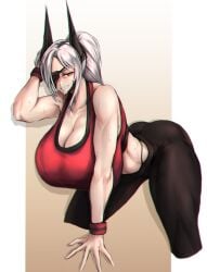 1girls breasts_bigger_than_head gym_clothes hyper_breasts last_origin lemonade_gamma red_eyes sweat white_hair zer0artzer0