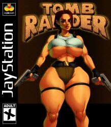 1girls 2022 areola_slip belt big_breasts big_lips breasts brown_eyes brown_hair cleavage curvaceous curvy curvy_figure erect_nipples erect_nipples_under_clothes fake_cover female female_only fingerless_gloves firearm gun handgun huge_breasts human hyper_bimbo jay-marvel lara_croft lara_croft_(classic) light-skinned_female light_skin looking_at_viewer muscular muscular_female nipple_bulge parody ponytail revealing_clothes solo standing thick_thighs thigh_strap thin_waist tight_clothing tomb_raider underboob voluptuous weapon wide_hips