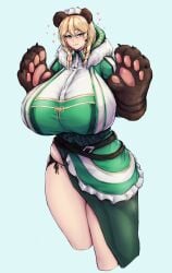 1girls bear_ears bear_hand big_breasts blonde_female blonde_hair blue_eyes breasts_bigger_than_head costume frigga_(last_origin) green_apron huge_breasts human human_only hyper_breasts last_origin panties panties_around_leg thick_thighs thighs underwear zer0artzer0