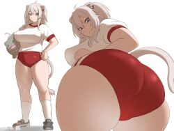 ass ass_focus big_ass big_breasts bloomers blue_eyes breasts buruma doomcomic ear_piercing earrings gym_uniform hololive hololive_gen_5 hololive_japan looking_at_viewer looking_back penguindou shishiro_botan shoes shorts simple_background smile socks t-shirt virtual_youtuber white_background white_hair