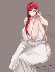 1girls alternate_version_available big_breasts breasts c-77_hongryeon c-77_hongryeon_(sleevelss_one-piece_dress) female female_only huge_breasts last_origin light-skinned_female light_skin looking_at_viewer mature mature_female owner_(artist) red_eyes red_hair red_nails smile solo white_dress