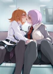 2022 2girls ahoge blush breasts clothed clothed_female fate/grand_order fate_(series) female female_only fujimaru_ritsuka_(female) glasses gudako huge_breasts indoors kissing mash_kyrielight monobe monobe_yuri orange_eyes orange_hair panties pantyhose passionate pink_eyes purple_hair short_hair side_ponytail spread_legs thick_thighs thighs tongue yuri