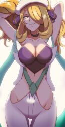 blonde_hair breasts clothed clothing cosplay cynthia_(pokemon) female gym_leader_(cosplay) hair_lift hair_over_one_eye nintendo pokemon seductive seductive_look solo solo_female tagme vivivoovoo wallace_(pokemon)_(cosplay)