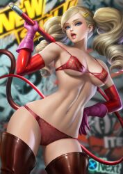 ann_takamaki arm_gloves atlus blonde_hair blue_eyes ear_piercing ear_ring edited gloves hairclip highres large_breasts lingerie long_hair looking_at_viewer navel navel_piercing neoartcore nudtawut_thongmai open_mouth persona persona_5 pigtails pink_gloves red_lingerie tail thick_thighs thigh_boots whip