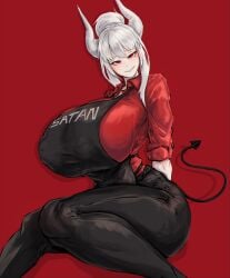 1girls breasts breasts_bigger_than_head demon demon_girl female fully_clothed helltaker huge_breasts hyper hyper_breasts long_hair lucifer_(helltaker) mole mole_under_eye puffy_nipples thick_thighs zer0artzer0