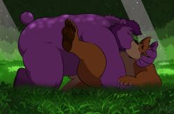 2022 anthro brown_body duo embrace hi_res hug humanoid_hands kissing lying male male/male mammal outside overweight overweight_male purple_body smashbeaw ursid