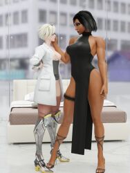 2girls 3d angela_ziegler armored_boots athletic big_breasts blizzard_entertainment dark-skinned_female dark_skin doctor egyptian egyptian_female exposed_breasts fareeha_amari female female_only fit_female heels high_heels high_slit human interracial interracial_yuri light-skinned_female light_skin mercy muscular_female overwatch pharah stiletto_heels tanuking3d tattoo very_high_heels yuri