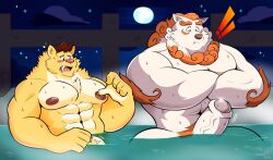 2022 anthro asian_mythology bathing canid canine duo east_asian_mythology erection foo_dog genitals hi_res humanoid_genitalia humanoid_hands humanoid_penis japanese_mythology komainu male male/male mammal muscular muscular_male mythology night nipples outside penis sitting smashbeaw white_body yellow_body yōkai