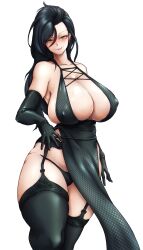 1girls black_elbow_gloves black_garter_belt black_garter_straps black_lingerie black_stockings black_thong breasts_bigger_than_head cleavage elbow_gloves garter_belt garter_straps girls'_frontline green_eyes huge_breasts licking_lips lingerie nipple_bulge python_(girls'_frontline) stockings thick_thighs thong zer0artzer0