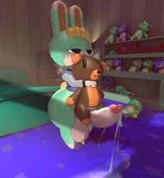 3d_(artwork) animal_crossing animal_dildo animal_sex_toy anthro balls big_balls big_penis blonde_hair blush bodily_fluids bottomless clothed clothing digital_media_(artwork) dildo equine_dildo erection excessive_precum genital_fluids genitals green_body hair half-closed_eyes holding_object holding_plushie holding_teddy_bear huge_balls huge_cock kingofacesx lagomorph leporid male male_only mammal narrowed_eyes nintendo penis plushie plushophilia precum precum_on_ground precum_string rabbit sasha_(animal_crossing) sex_toy shortstack solo teddy_bear thick_thighs topwear vest video_games wide_hips