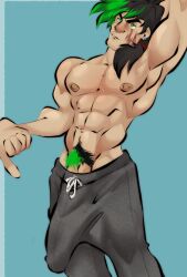 1boy abs armpits black_and_green_hair black_hair bulge bulge_through_clothing bushy_pubes duncan_(tdi) feet_out_of_frame flaccid gay gray_pants green_eyes green_hair green_pubic_hair grey_sweatpants hand_behind_head light-skinned_male light_skin long_hair long_hair_male male male_nipples male_only muscles muscular muscular_arms muscular_male nipples pants_only pecs penis_peek pubic_hair scar scar_across_eye scar_on_face solo solo_male standing sweatpants throatpussy topless_male total_drama_island two_tone_hair