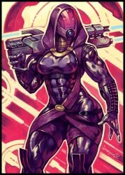 1girls alien alien_girl athletic_female breasts breasts_out half-dressed hood janrock mask mass_effect muscles muscular muscular_female pecs purple_skin quarian skimpy solo tali'zorah_nar_rayya thick_thighs thunder_thighs