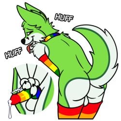 anthro balls black_nose bodily_fluids canid canine canis cum digital_media_(artwork) fidget_the_fox fox fur genital_fluids genitals green_body green_eyes green_fur hair hand_on_own_penis hand_on_penis male mammal multicolored_penis nude penis rainbow_penis simple_background smile solo sticker supersonicsoup telegram telegram_stickers text white_body white_fur