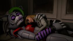 3d animatronic cuddle dickballs420 eyes_closed five_nights_at_freddy's five_nights_at_freddy's:_security_breach hug interspecies love robot roxanne_wolf_(fnaf) roxanne_wolf_(x3milky) sleeping snuggle snuggling vanessa_(fnaf) wholesome