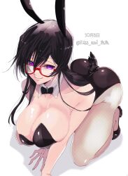 = absurdres animal_ears back bangs black_footwear black_hair black_leotard breasts bunnysuit code_geass commentary_request covered_nipples female fishnet_legwear fishnets genderswap_(mtf) glasses hair_between_eyes high_heels highres huge_breasts leaning_forward lelouch_lamperouge leotard long_hair looking_at_viewer luluko meganekko on_knees pantyhose playboy_bunny playboy_bunny_leotard purple_eyes rabbit_ears rabbit_girl red_light_district rule_63 sideboob sidelocks sitting smile solo sweatdrop