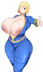 1girls big_breasts blonde_hair blush breasts computer electronics exposed_breasts fallout female female_only huge_breasts human looking_at_viewer mature_female mob_face nipples one_eye_closed owner_(artist) pip-boy short_hair solo thick_thighs thumbs_up vault_girl vault_suit wide_hips wristwear