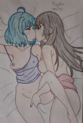 alejandro_figueroa blue_hair brown_eyes brown_hair fingering melodhy_bluu pajamas sct_project virtual_youtuber yuri