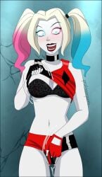 1girls batman_(series) blonde_hair blue_eyes blue_hair body_swap bra choker cleavage dc dc_comics dyed_hair eyeshadow female female_only harleen_quinzel harley_quinn harley_quinn_(2019) harley_quinn_(series) hotpants lipstick looking_at_viewer multicolored_hair open_mouth panties pink_hair possession professorpurrv seductive_smile shirt_lift shorts smile solo solo_female twintails white_fur white_skin