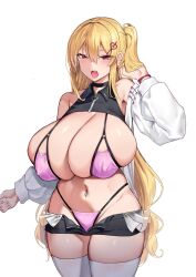 1girls 2022 alternate_hairstyle barely_clothed barely_contained belly_button belly_button_piercing bikini blonde_female blonde_hair blush booty_shorts breasts bursting_breasts female female_only gyaru hairclip haks heart_hair_ornament hips huge_breasts kirome_(kamipaper) long_hair looking_at_viewer massive_breasts micro_bikini open_mouth open_shorts original overflowing_breasts pink_bikini red_eyes saaya_(kirome) short_shorts shorts side_ponytail simple_background skindentation slim_waist thick_thighs thighs top_heavy virtual_youtuber white_background wide_hips