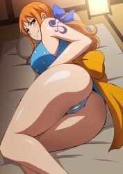 1girls 2022 ass big_breasts breasts brown_eyes bubble_butt female female_only hara_(harayutaka) hi_res indoors kimono kunoichi large_ass large_breasts long_hair looking_at_viewer lying_on_side nami naughty_face onami one_piece orange_hair panties short_kimono shoulder_tattoo smile suggestive_look tattoo thick_thighs thighs white_panties