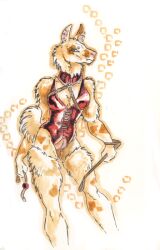 2022 anthro ball_gag blue_eyes breasts brown_body brown_fur camelid choker cleavage clothed clothing dominatrix ear_piercing ear_ring female frown fur gag genitals heart_(marking) heather_bruton jewelry llama mammal necklace piercing pussy riding_crop solo tan_body tan_fur whip