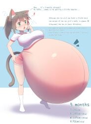 1111122 big_breasts brown_hair cat_ears cat_tail catgirl dadouko english_text female female_only full_body green_eyes gym_clothes gym_shorts height hyper hyper_belly hyper_pregnancy measurements open_mouth original ponytail pregnant pregnant_with_multiples solo three_sizes