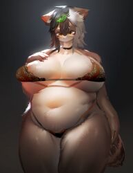 anthro areola areola_slip belly big_breasts biped black_background black_clothing black_hair black_panties black_underwear bra breasts brown_body brown_ears brown_fur brown_tail canid canine claws clothed clothing countershade_face countershade_fur countershade_torso countershading curvy_figure digital_media_(artwork) female finger_claws fluffy front_view fur glistening glistening_body glistening_fur hair hand_on_breast huge_breasts inner_ear_fluff kemono leaf leaf_on_head light lighting mammal markings midriff monotone_ears multicolored_body multicolored_fur multicolored_hair multicolored_tail navel overweight overweight_anthro overweight_female panties pink_inner_ear portrait raccoon_dog red_bra red_clothing red_underwear ring_(marking) ringtail simple_background skimpy solo standing tail_markings tan_body tan_countershading tan_fur tanuki thick_thighs three-quarter_portrait tuft two_tone_hair two_tone_tail underwear underwear_only utterangle voluptuous white_claws white_hair white_inner_ear_fluff wide_hips yellow_eyes