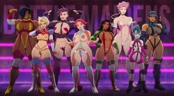 6+girls 8girls amelia_(battle_maidens) athletic athletic_female battle_maidens big_breasts black_hair blonde_hair blue_eyes boots breasts brown_body brown_hair brown_skin busty cleavage clothing crisisbeat dark-skinned_female dark_skin digital_drawing_(artwork) digital_media_(artwork) dominique_(battle_maidens) ear_piercing earrings female female_only first_lady_(crisisbeat) fit fit_female gloves grace_graham highres hilde_jansen hips hourglass_figure huge_breasts karen_morris la_tormenta large_breasts latina legs light-skinned_female light_skin lips lipstick lisa_zenigata long_hair maria_mendoza medium_breasts multiple_girls muscular muscular_female naomi_(battle_maidens) original original_character partially_clothed piercing ponytail pumpkin_pie_grace purple_hair shoes short_hair shortfuse_amelie sketch skimpy skimpy_clothes small_breasts strap straps the_raid thighs toned toned_female voluptuous white_body wrestler wrestling wrestling_outfit