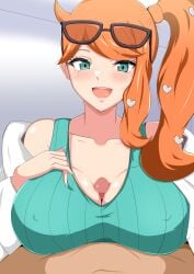 1boy 1girls aqua_eyes big_breasts breasts censored clothed_female_nude_male game_freak huge_breasts labcoat mosaic_censoring nintendo orange_hair paizuri penis pokemon pokemon_(game) pokemon_ss riu_(artist) side_ponytail sonia_(pokemon)