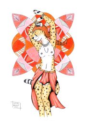 1girls 5:7 anthro arms_up belly_dancer braless breasts cheetah cheetah_ears cheetah_humanoid cheetah_print cheetah_tail closed_eyes closed_mouth clothed clothing dancing deviantart felid feline female hi_res lionclaw1 mammal medium_breasts nipples nude ponytail solo three-quarter_portrait topless topless_anthro topless_female traditional_media_(artwork)