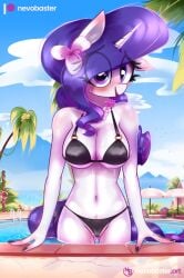 2022 anthro bikini blush clothing detailed_background digital_media_(artwork) equid equine eyelashes female fingers friendship_is_magic front_view hasbro hi_res horn mammal my_little_pony navel nevobaster outside rarity_(mlp) solo straight_hair swimwear unicorn water