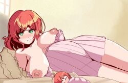 big_breasts blush breasts_out ephemera_(artist) female female_only green_eyes lisette_(stella_glow) looking_at_viewer nightgown no_bra on_side on_top orange_hair pregnant red_hair smile solo stella_glow