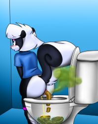 anthro anus ass black_body black_fur blue_eyes blush f50 fart fart_cloud glasses mammal peeing pussy sabrina_conrad sabrina_online scat skunk toilet white_body white_fur white_hair