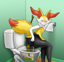 anthro anus black_body braixen canid canine closed_eyes f50 feces female fur mammal nintendo peeing pokémon_(species) pokemon pokemon_(species) pussy scat smile solo stick toilet toilet_paper video_games white_body yellow_body