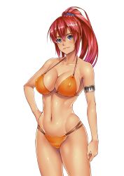 10s 1girls bellows_(suisei_no_gargantia) big_breasts bikini blue_eyes breasts busty cleavage erect_nipples_under_clothes hand_on_hip highres large_breasts lipstick long_hair makeup navel ponytail pose red_hair shanaminami smile solo suisei_no_gargantia swimsuit thighs toned