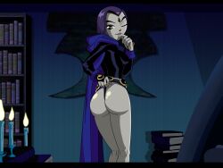 1girls accurate_art_style ass ass_focus background cape dat_ass dc dc_comics female_focus female_only grey_skin hentainador large_ass legs lip_bite purple_eyes purple_hair rachel_roth raven_(dc) smooth_skin solo_female superheroine teasing teen_titans thong wink