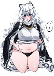 ... animal_ear_fluff animal_ears arknights bangs belly_grab black_panties blush bottomless braid breasts cape chubby closed_mouth clothes_lift dot_nose eyebrows_visible_through_hair facing_viewer fat female grey_eyes hair_between_eyes hand_on_own_stomach head_tilt highres jewelry kneeling leopard_tail lifted_by_self long_hair long_sleeves navel necklace panties plump pramanix_(arknights) shirt_lift simple_background solo spoken_ellipsis sweatdrop tail thick_thighs thighs twin_braids underwear weight_conscious white_background white_hair yuteka_(yute_nut)